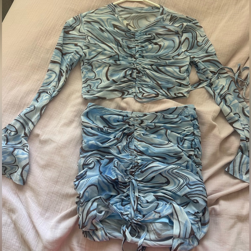 Shein Light blue and white swirl see through set